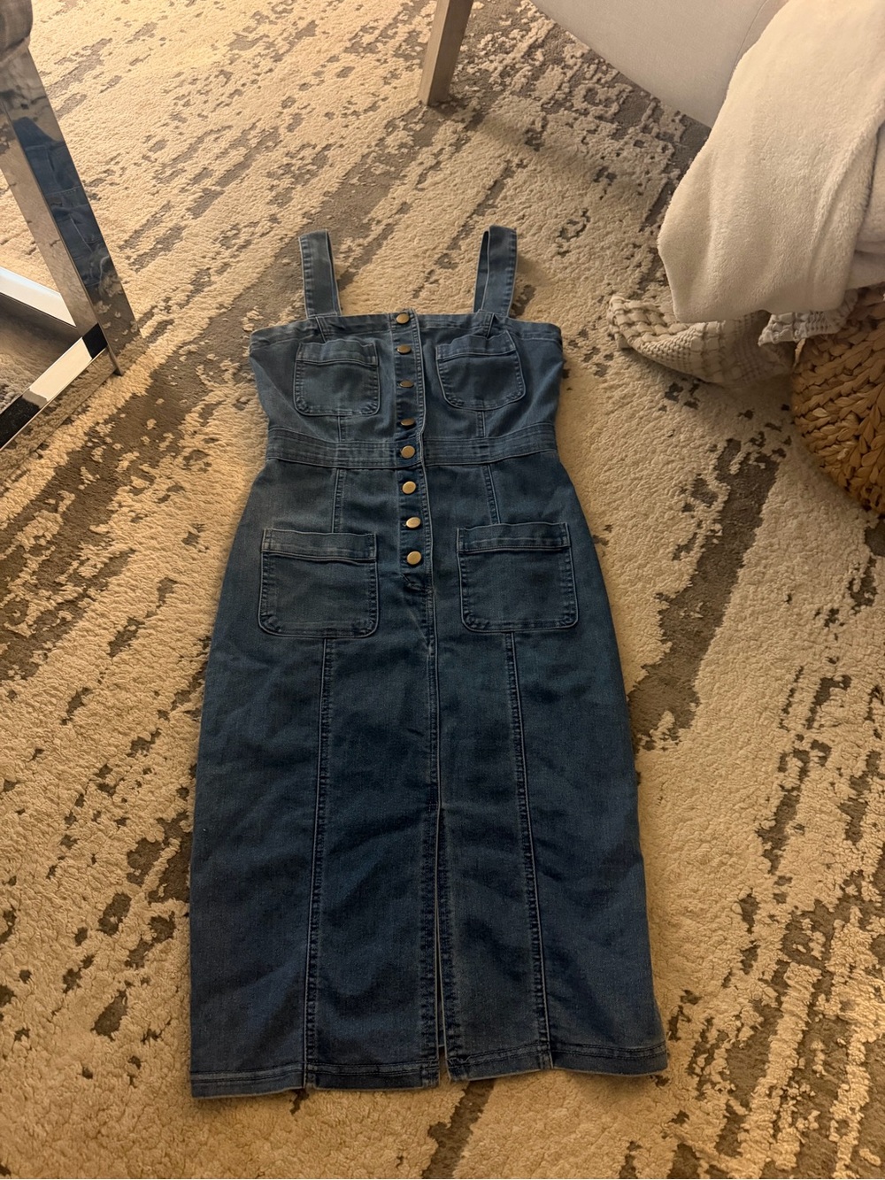 Haute Monde Dark Blue Denim Button-Front Midi Dress